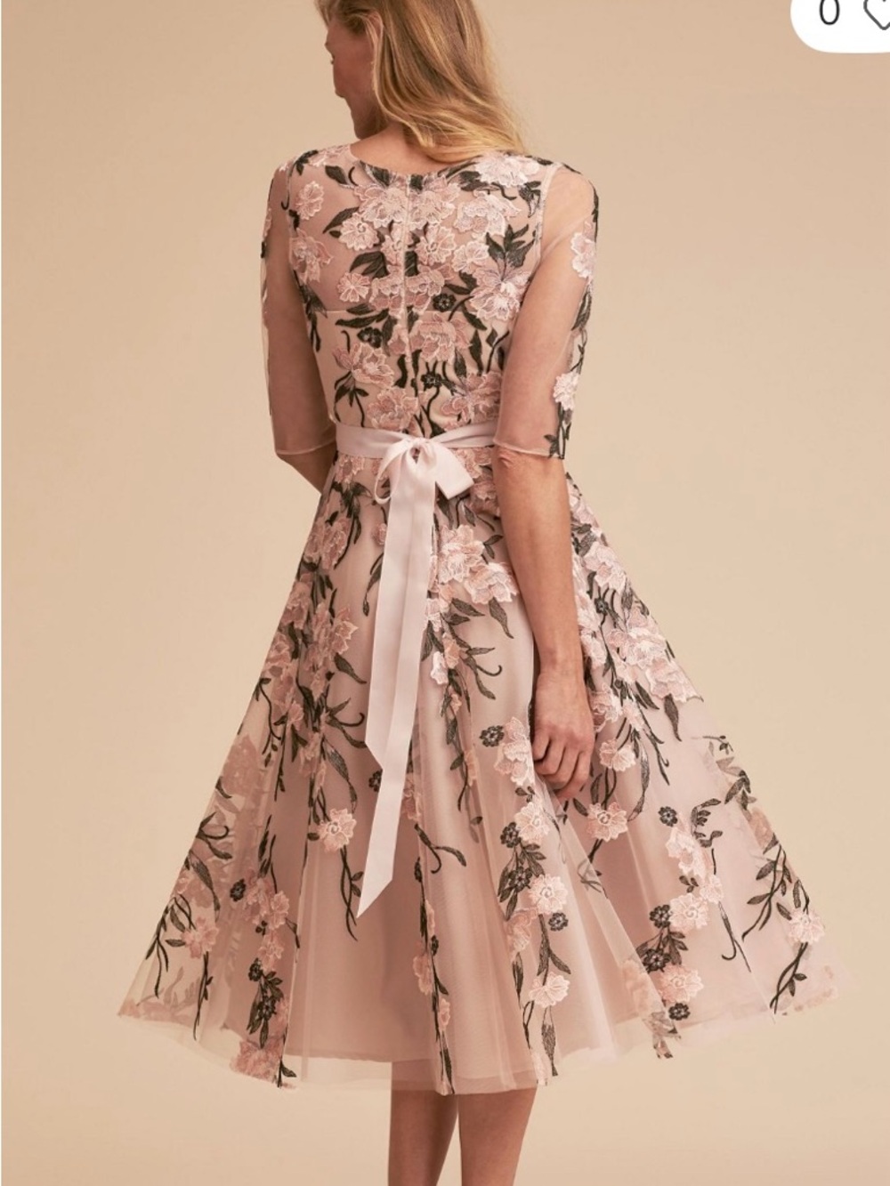 BHLDN Linden Floral Embroidered Pink Tea-Length Dress with Bow